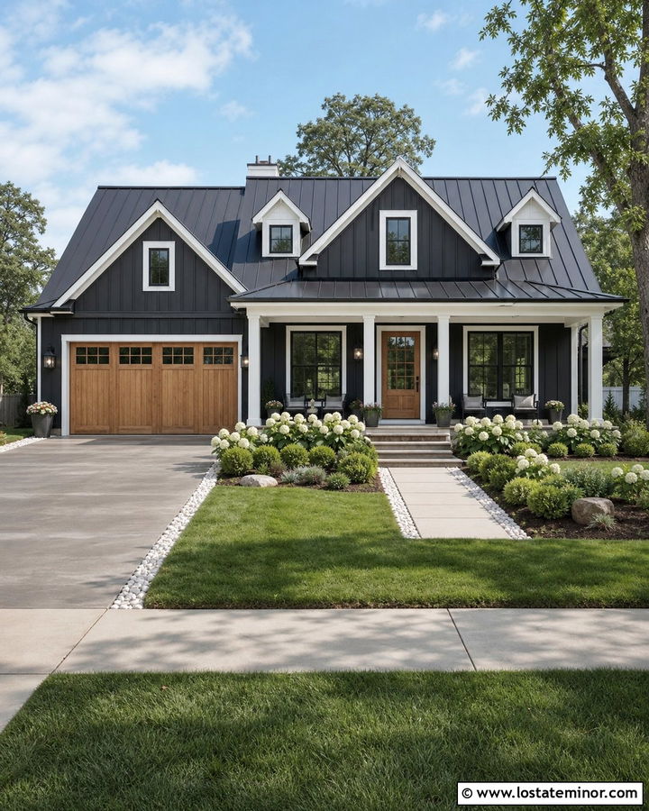 Charcoal Grey Farmhouse With White Driveway Border - 30 Charcoal Grey House Design With Driveway Ideas