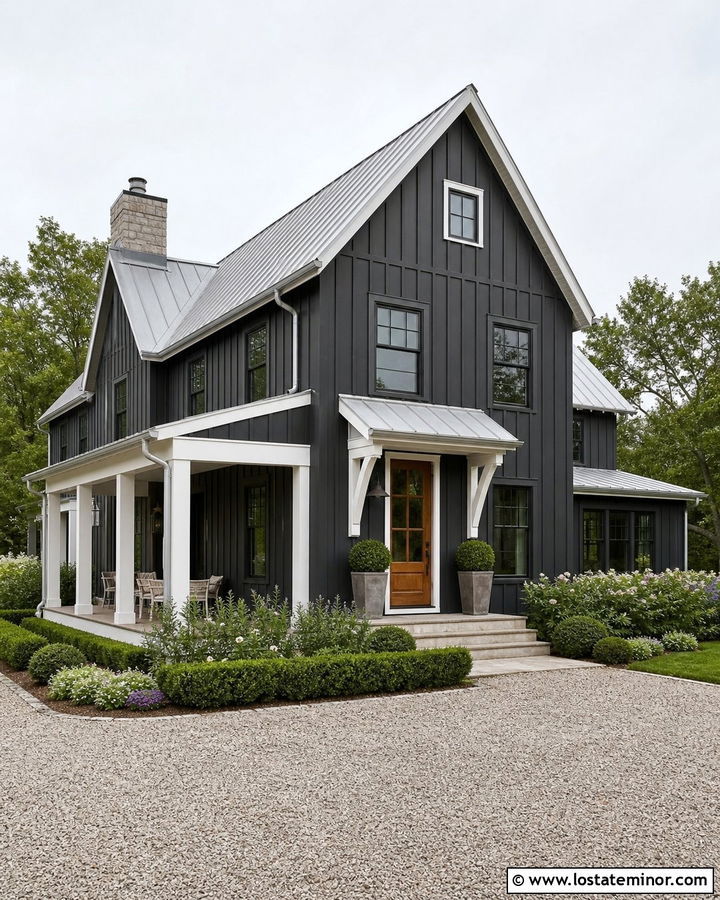 Charcoal Grey Farmhouse With White Metal Awning - 30 Charcoal Grey House Design With Awning Ideas
