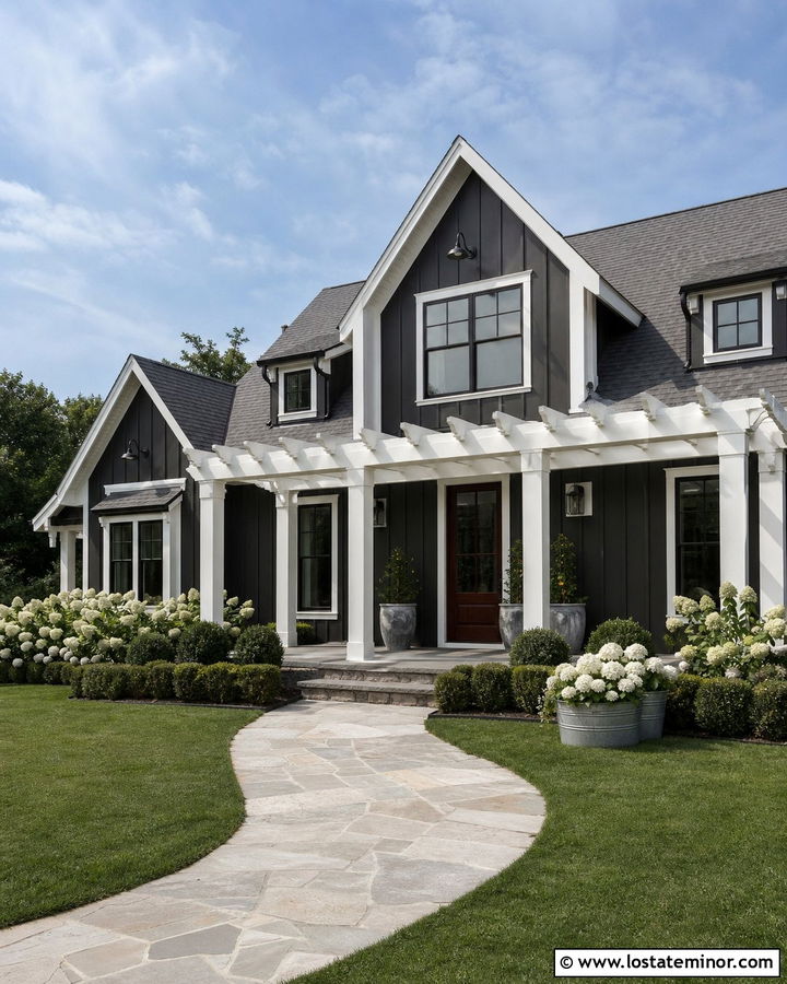 Charcoal Grey Farmhouse With White Pergola - 30 Charcoal Grey House Design With Pergola Ideas