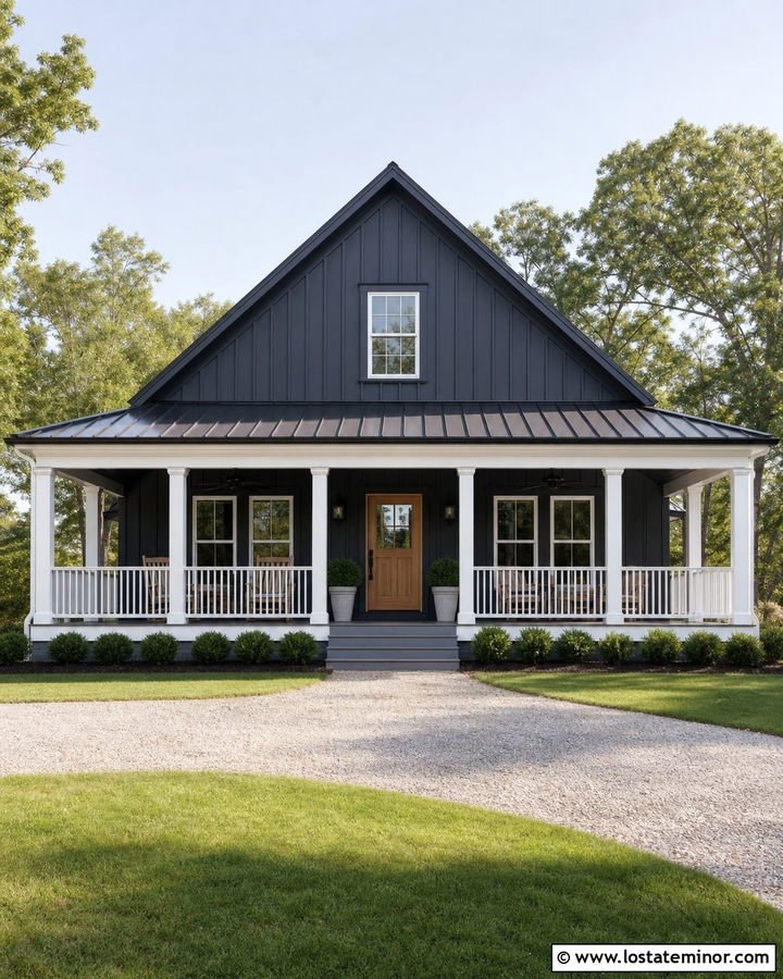 Charcoal Grey Farmhouse With White Porch Railing - 30 Charcoal Grey House Design With Front Porch Ideas