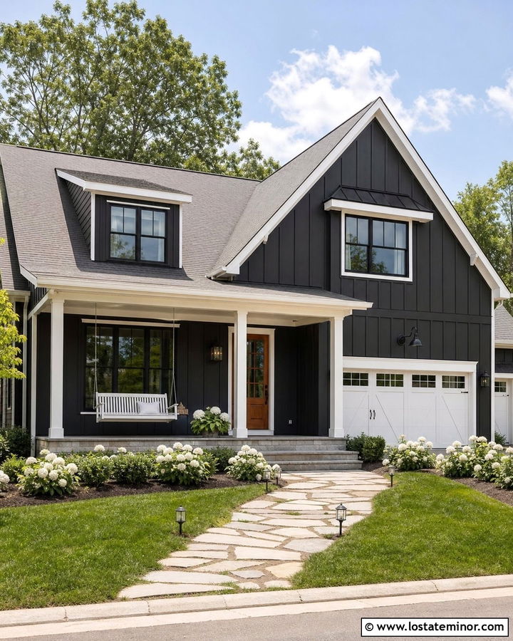 Charcoal Grey Farmhouse With White Porch Swing - 30 Charcoal Grey House Design With Swing Ideas
