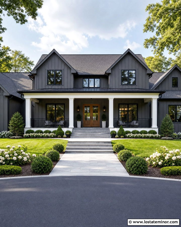 Charcoal Grey Farmhouse With Wide Portico - 30 Charcoal Grey House Design With Portico Ideas