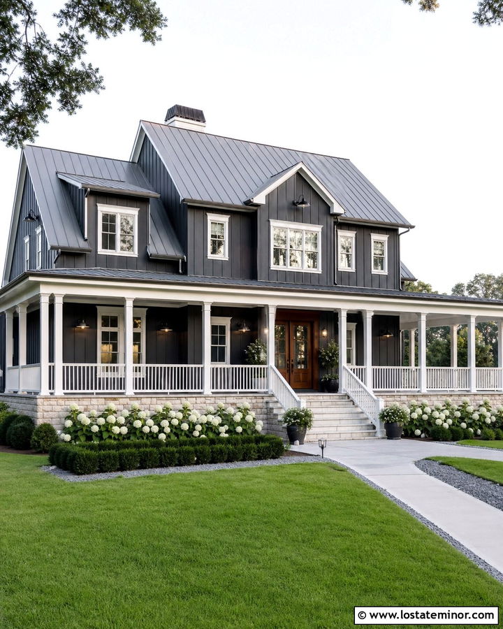 Charcoal Grey Farmhouse With Wraparound Railings - 30 Charcoal Grey House Design With Railings Ideas