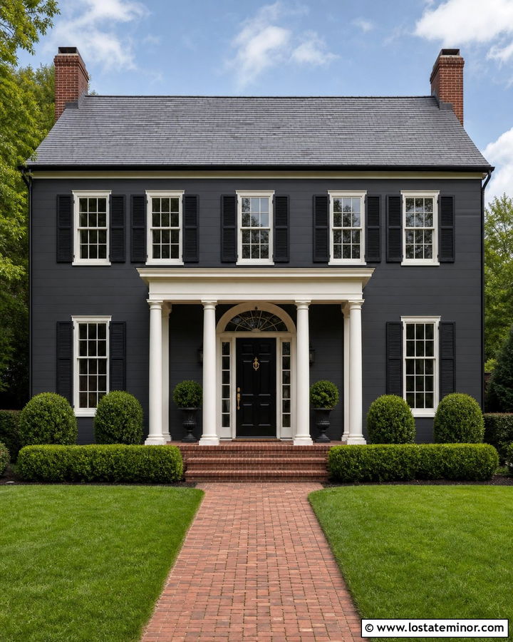 Charcoal Grey Federal House With Columned Portico - 30 Charcoal Grey House Design With Portico Ideas