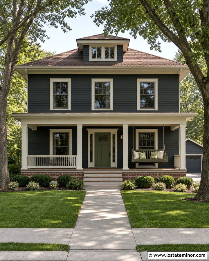 Charcoal Grey Four Square With Green Swing - 30 Charcoal Grey House Design With Swing Ideas