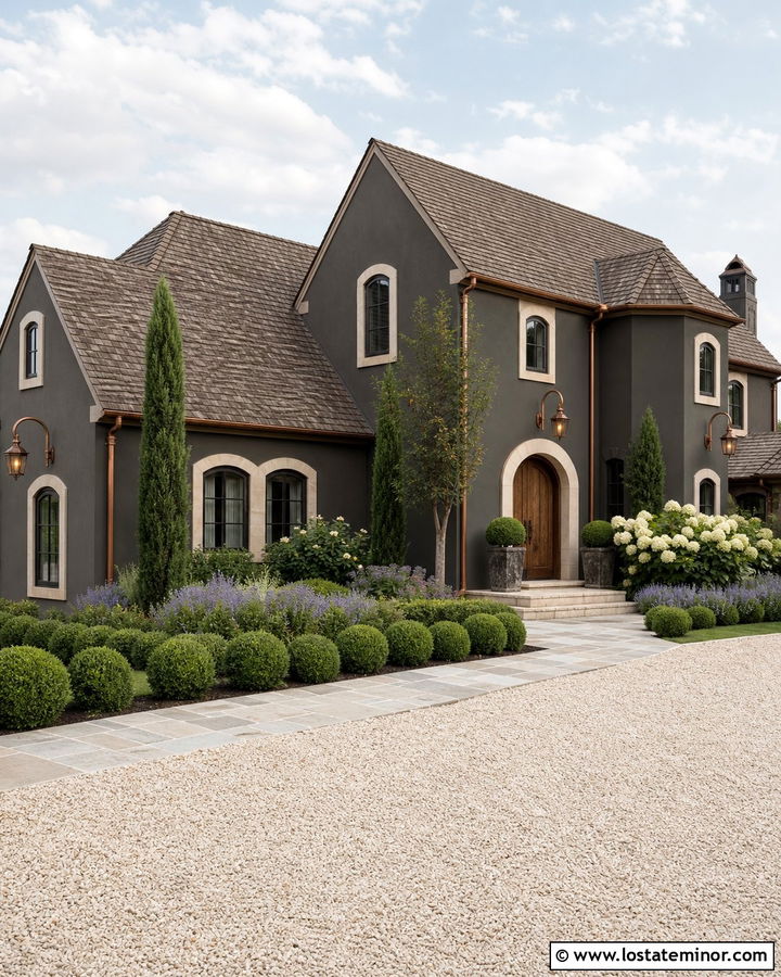 Charcoal Grey French Country House With Bronze Lanterns - 30 Charcoal Grey House Design With Light Fixtures Ideas