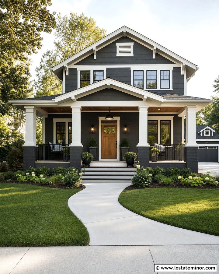 Charcoal Grey Front Porch With Pendant Lighting - 30 Charcoal Grey House Design With Light Fixtures Ideas