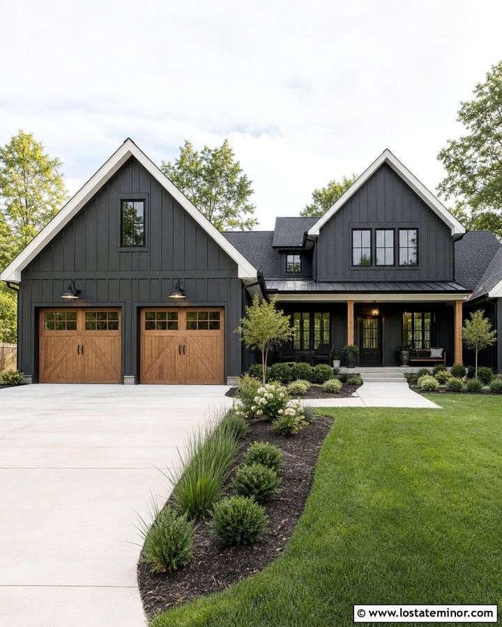 Charcoal Grey Garage With Black Gooseneck Lights - 30 Charcoal Grey House Design With Light Fixtures Ideas