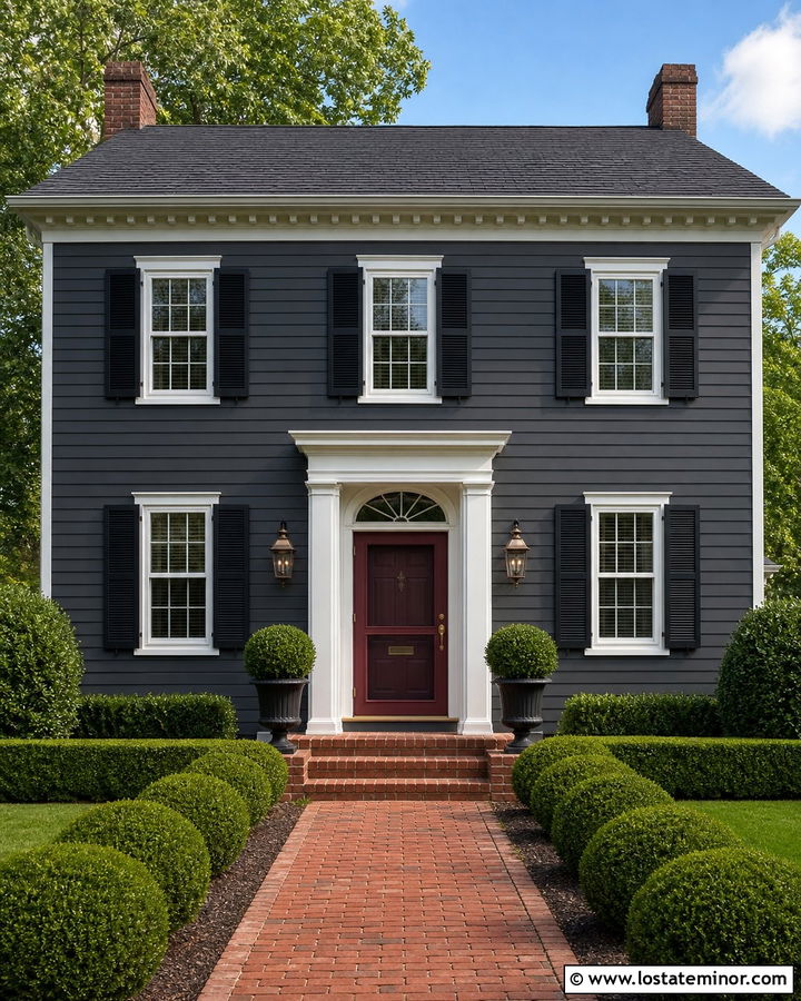 Charcoal Grey Georgian House With Burgundy Screen Door - 30 Charcoal Grey House Design With Screen Door Ideas