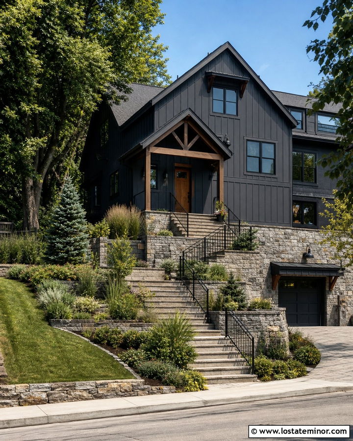 Charcoal Grey Hillside House With Tiered Steps - 30 Charcoal Grey House Design With Steps Ideas