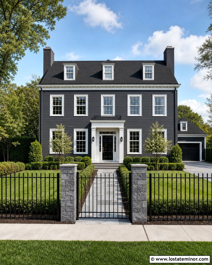 Charcoal Grey House With Aluminum Picket Fence - 30 Charcoal Grey House Design With Fence Ideas