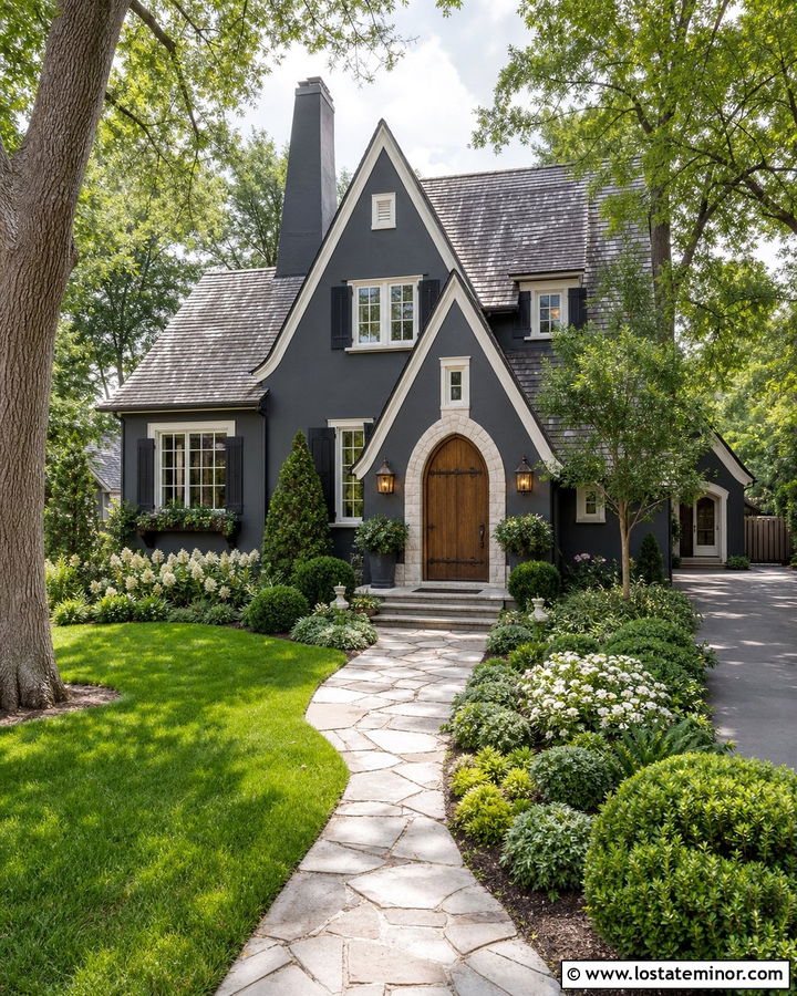 Charcoal Grey House With Arched Wood Entry Door - 30 Charcoal Grey House Design With Entry Door Ideas