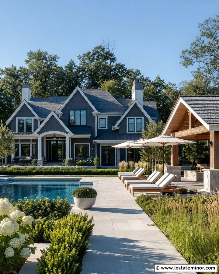 Charcoal Grey House With Backyard Pool House - 30 Charcoal Grey House Design With Backyard Ideas