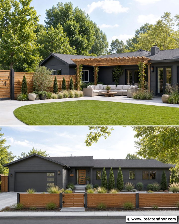 Charcoal Grey House With Backyard Privacy Fence - 30 Charcoal Grey House Design With Backyard Ideas