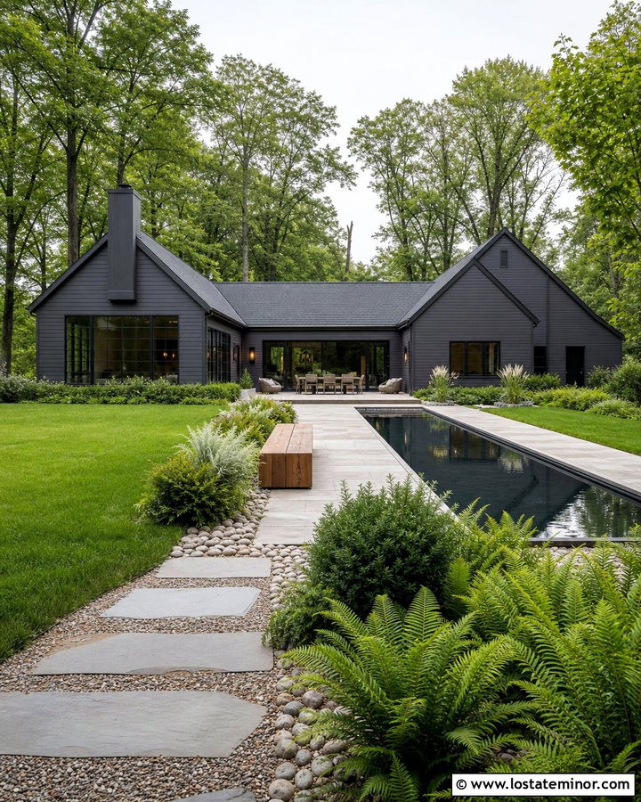 Charcoal Grey House With Backyard Water Feature - 30 Charcoal Grey House Design With Backyard Ideas