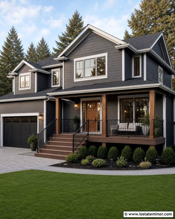 Charcoal Grey House With Black Aluminum Railings - 30 Charcoal Grey House Design With Railings Ideas