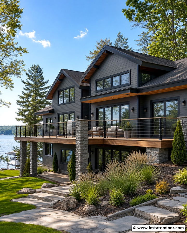 Charcoal Grey House With Black Cable Railing Deck - 30 Charcoal Grey House Design With Deck Ideas