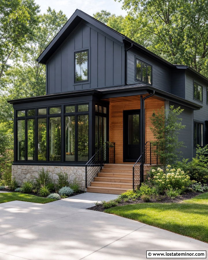 Charcoal Grey House With Black Framed Sunroom - 30 Charcoal Grey House Design With Sunroom Ideas