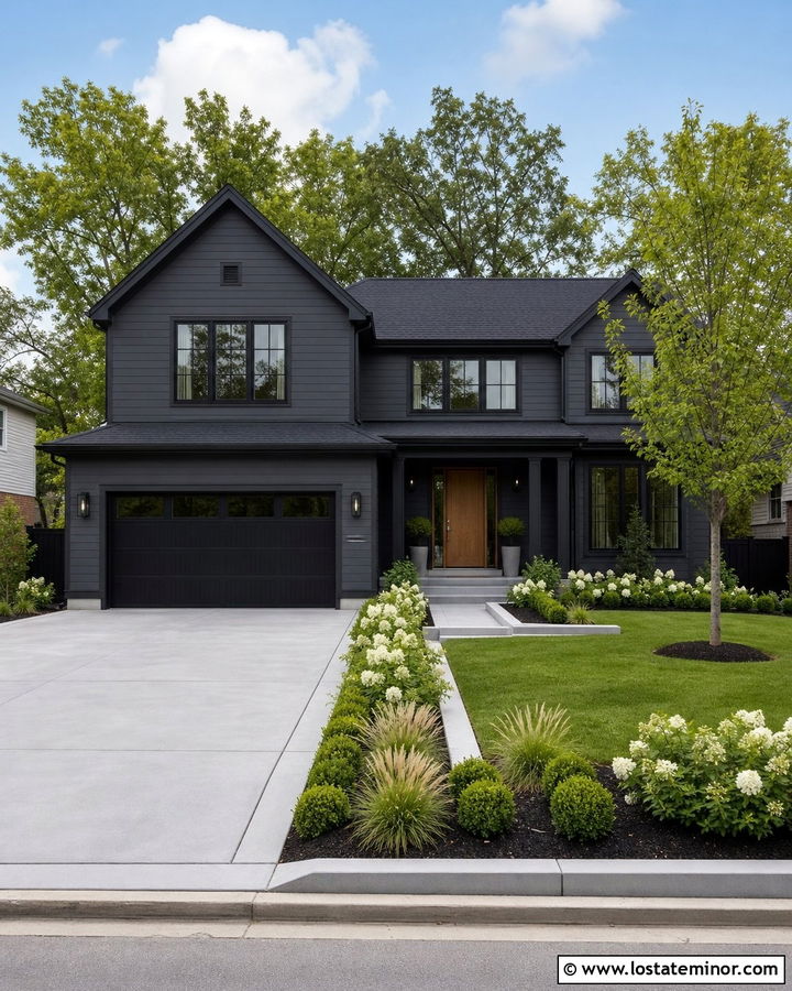 Charcoal Grey House With Black Garage And Minimal Lawn - 30 Charcoal Grey House Design With Front Yard Ideas
