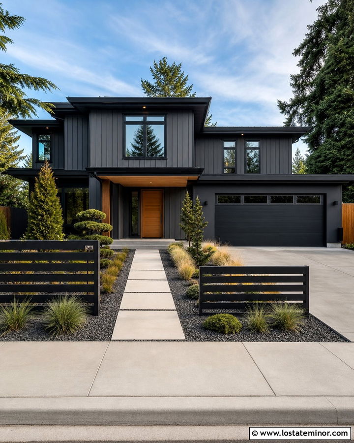 Charcoal Grey House With Black Horizontal Fence - 30 Charcoal Grey House Design With Fence Ideas
