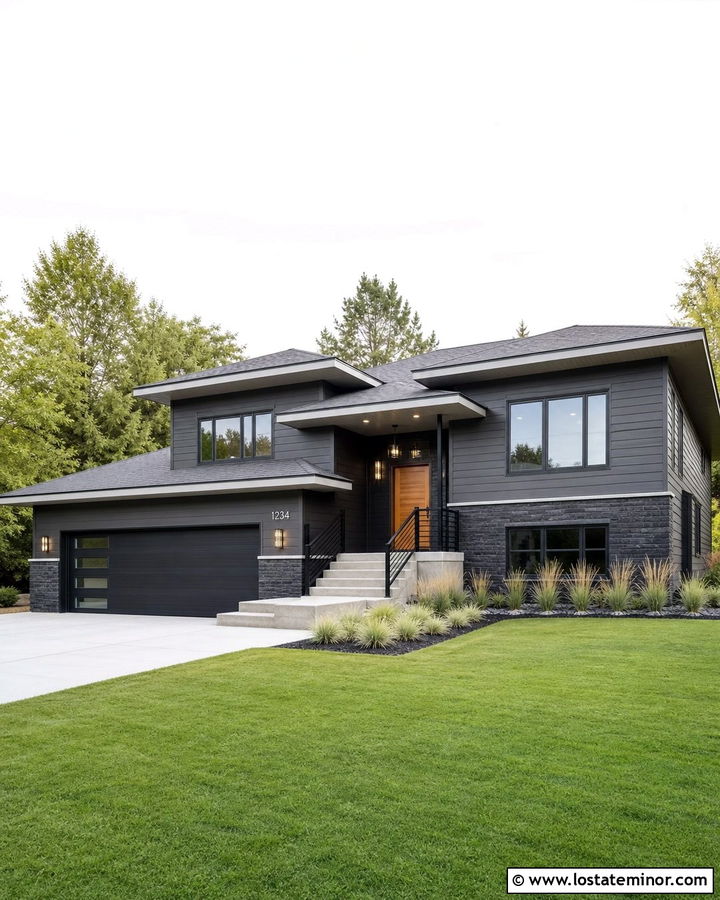 Charcoal Grey House With Black Horizontal Railings - 30 Charcoal Grey House Design With Railings Ideas