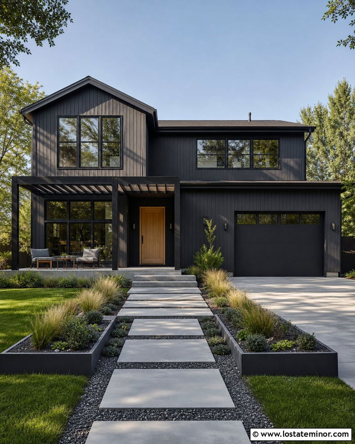 Charcoal Grey House With Black Metal Pergola - 30 Charcoal Grey House Design With Pergola Ideas