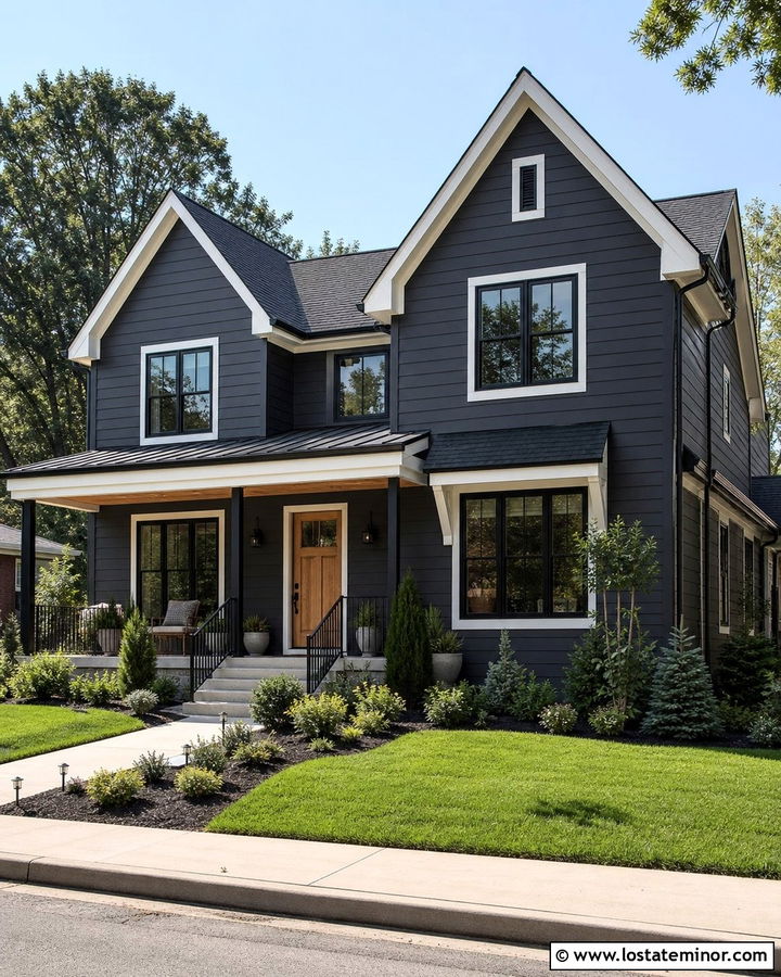 Charcoal Grey House With Black Metal Railings - 30 Charcoal Grey House Design With Railings Ideas