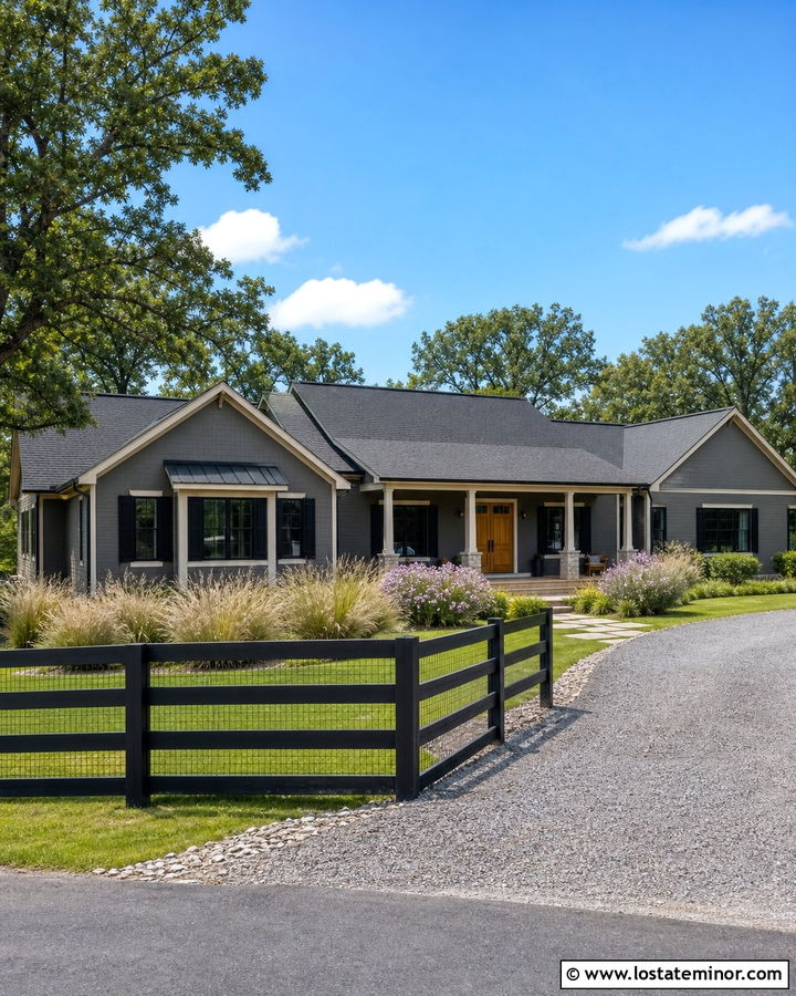 Charcoal Grey House With Black Ranch Rail Fence - 30 Charcoal Grey House Design With Fence Ideas