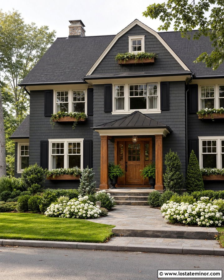 Charcoal Grey House With Black Shutters And Cedar Window Boxes - 30 Charcoal Grey House Design With Window Boxes Ideas
