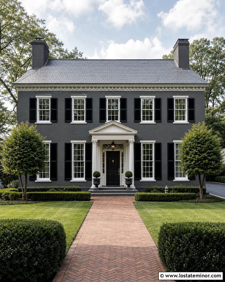 Charcoal Grey House With Black Shutters And Lanterns - 30 Charcoal Grey House Design With Lighting Ideas