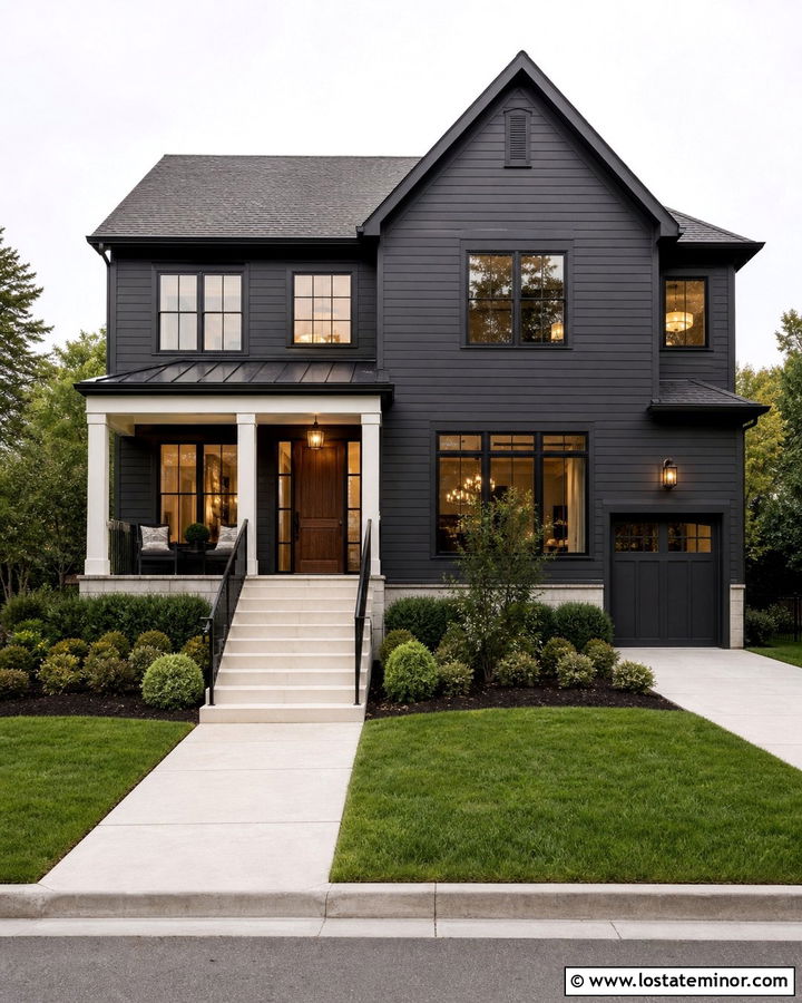 Charcoal Grey House With Black Stair Railings - 30 Charcoal Grey House Design With Steps Ideas