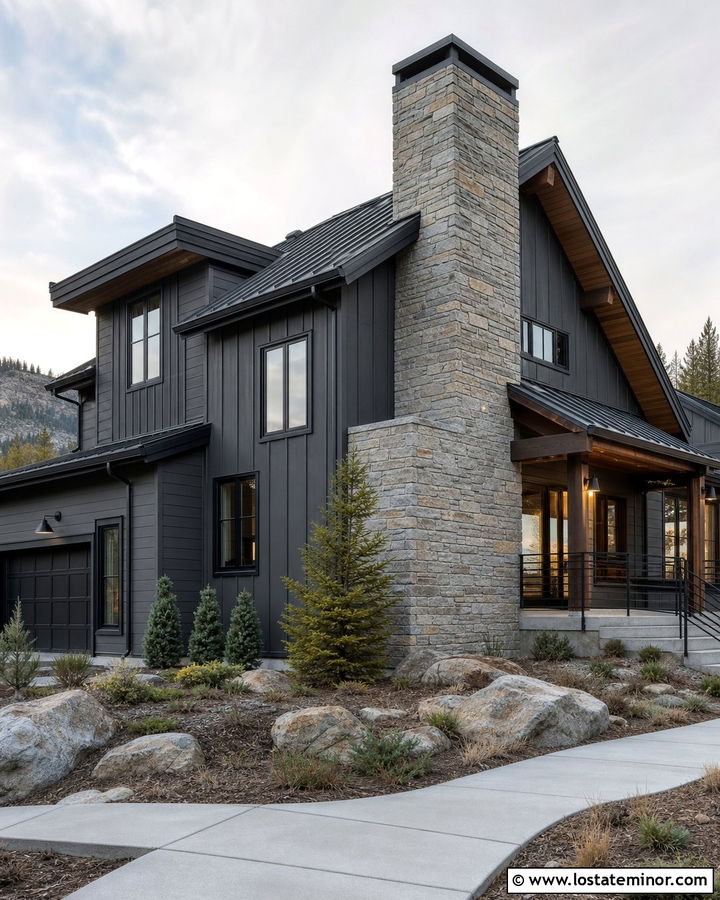 Charcoal Grey House With Black Trim And Stone Chimney - 30 Charcoal Grey House Design With Trim Ideas