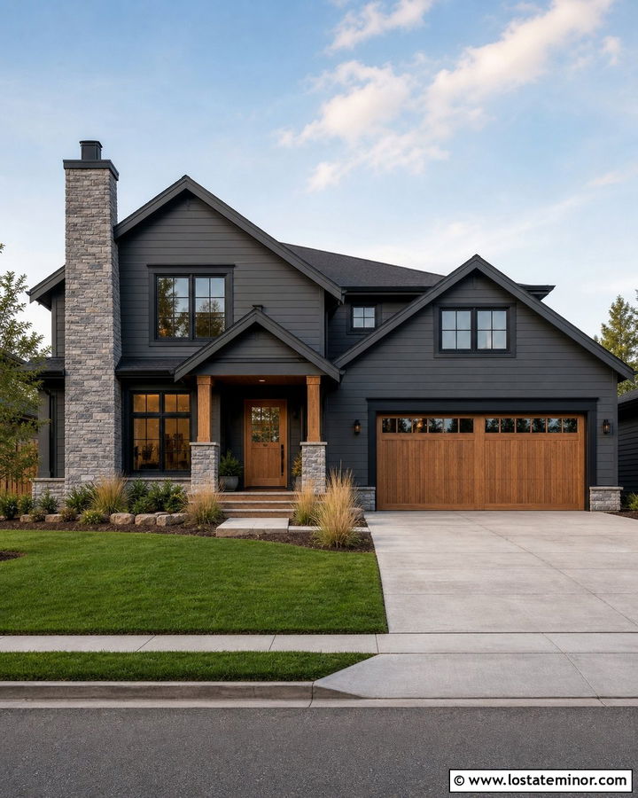 Charcoal Grey House With Black Trim And Stone Chimney - 30 Charcoal Grey House Design With Chimney Ideas