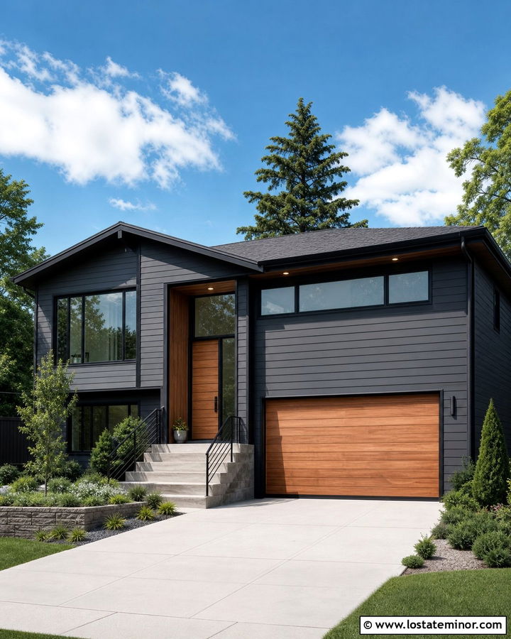 Charcoal Grey House With Black Trim And Wood Garage - 30 Charcoal Grey House Design With Trim Ideas