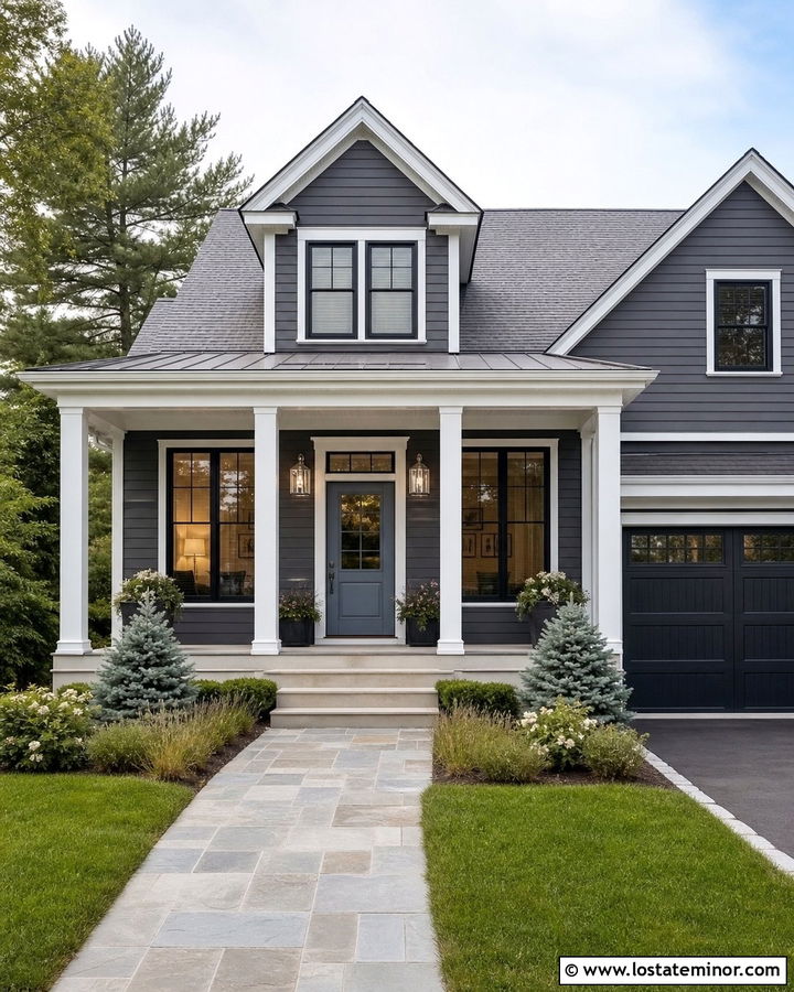 Charcoal Grey House With Blue Door And Nickel Lights - 30 Charcoal Grey House Design With Light Fixtures Ideas
