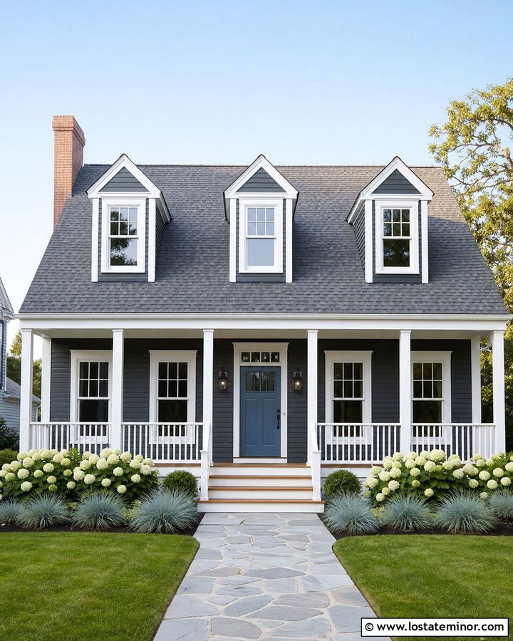 Charcoal Grey House With Blue Door And White Railings - 30 Charcoal Grey House Design With Railings Ideas