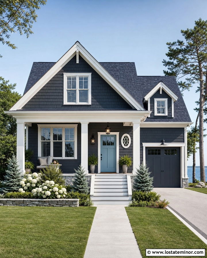 Charcoal Grey House With Blue Front Door And Gables - 30 Charcoal Grey House Design With Gables Ideas