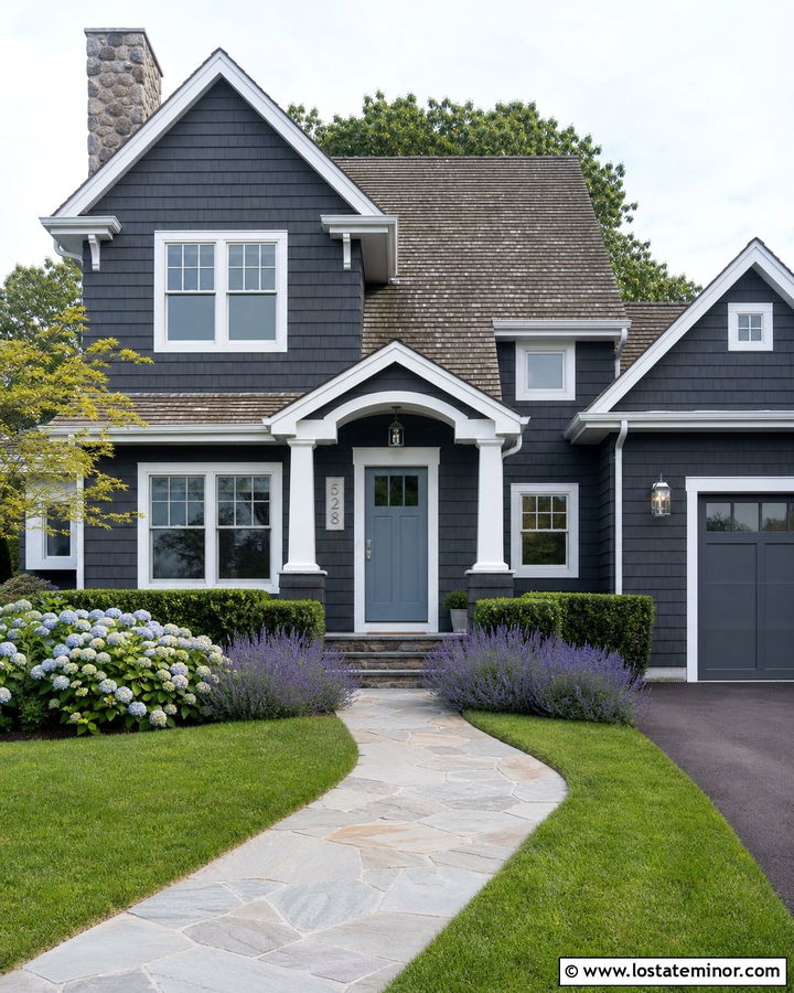 Charcoal Grey House With Blue Front Door And Silver Numbers - 30 Charcoal Grey House Design With House Numbers Ideas