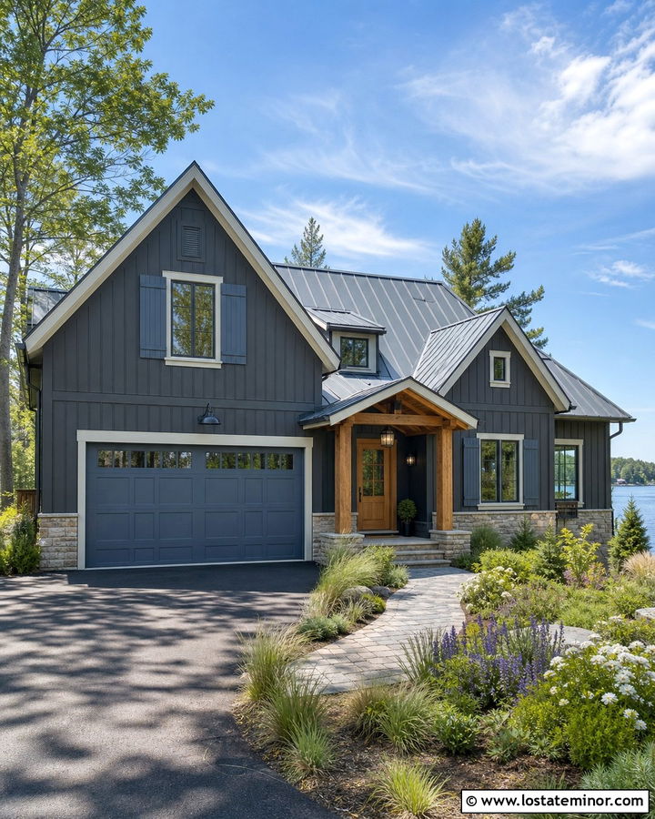 Charcoal Grey House With Blue Gray Garage Door - 30 Charcoal Grey House Design With Garage Door Ideas