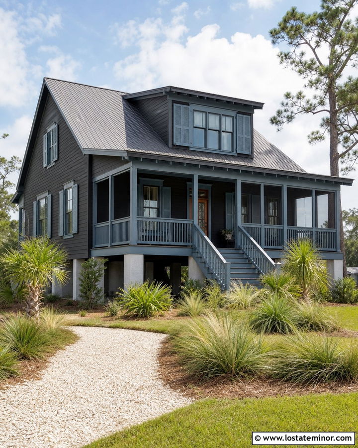 Charcoal Grey House With Blue Gray Trim And Cedar Porch - 30 Charcoal Grey House Design With Trim Ideas