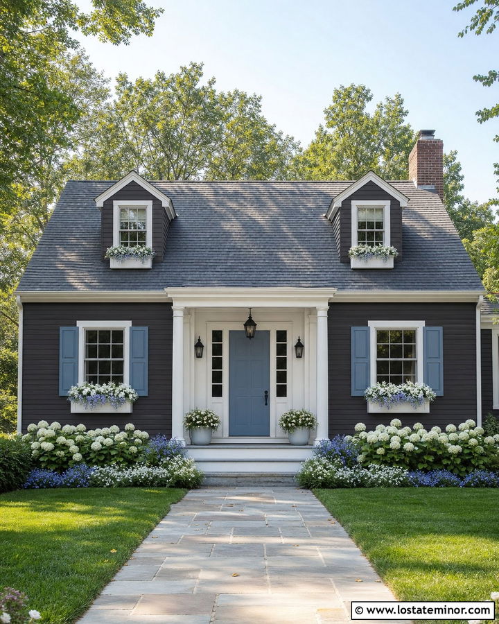 Charcoal Grey House With Blue Shutters And White Window Boxes - 30 Charcoal Grey House Design With Window Boxes Ideas