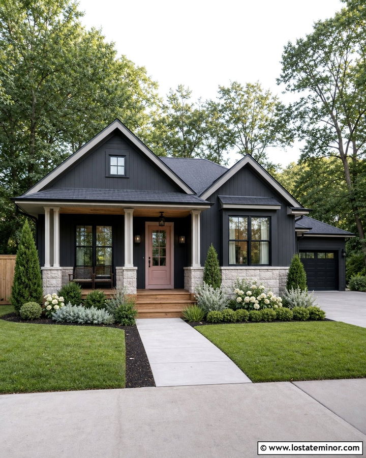 Charcoal Grey House With Blush Pink Entry Door - 30 Charcoal Grey House Design With Entry Door Ideas