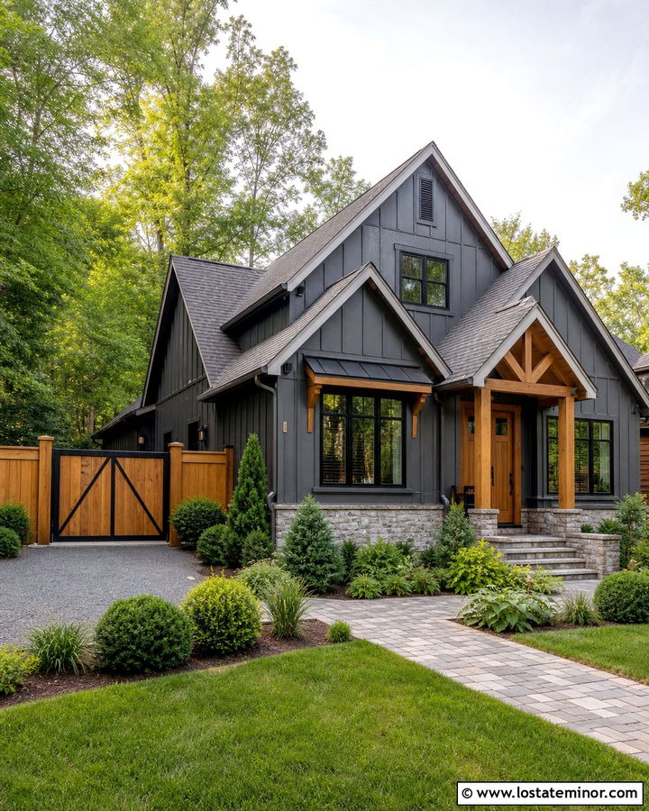 Charcoal Grey House With Board On Board Cedar Fence - 30 Charcoal Grey House Design With Fence Ideas