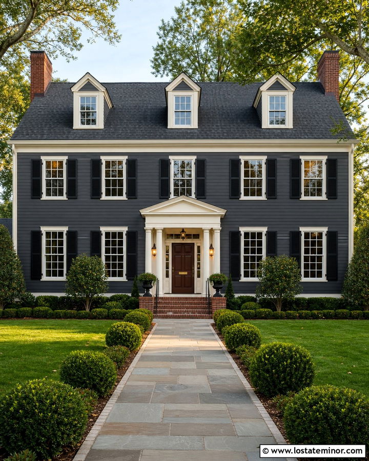Charcoal Grey House With Brass Porch Lanterns - 30 Charcoal Grey House Design With Lighting Ideas