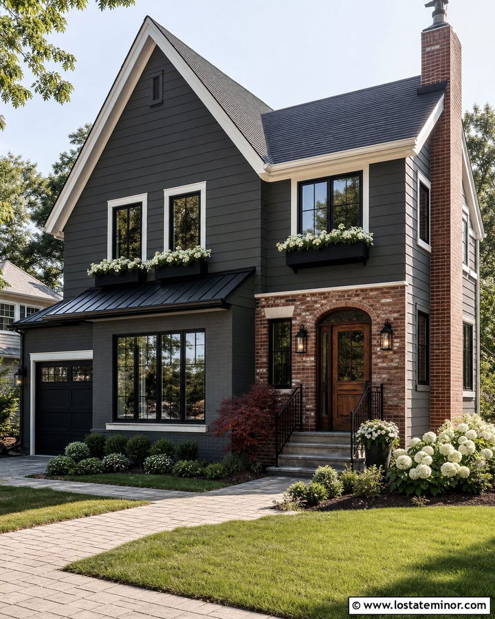 Charcoal Grey House With Brick Accents And Black Window Boxes - 30 Charcoal Grey House Design With Window Boxes Ideas