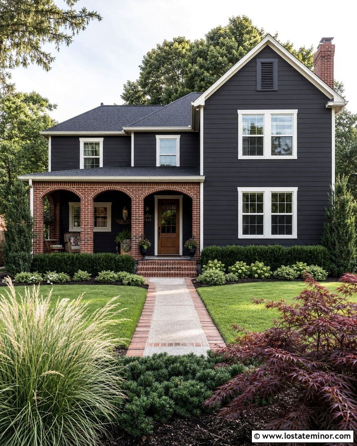 Charcoal Grey House With Brick Accents And Maple Tree - 30 Charcoal Grey House Design With Front Yard Ideas