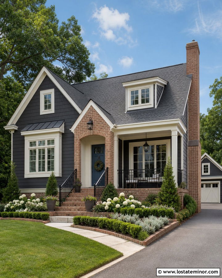 Charcoal Grey House With Brick And Blue Door - 30 Charcoal Grey House Design With Brick Accents Ideas