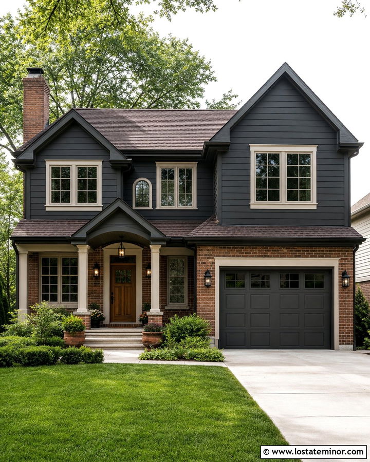 Charcoal Grey House With Brick And Bronze Lighting - 30 Charcoal Grey House Design With Lighting Ideas