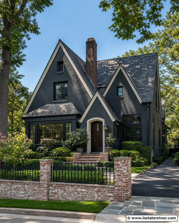 Charcoal Grey House With Brick And Iron Fence - 30 Charcoal Grey House Design With Fence Ideas