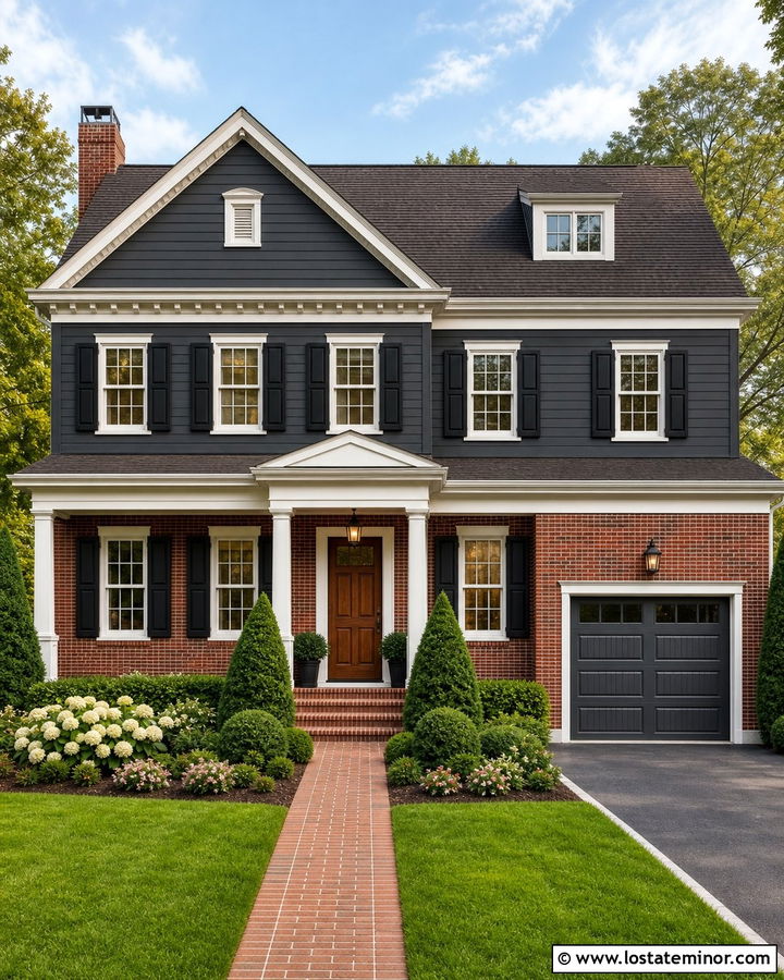 Charcoal Grey House With Brick And White Trim - 30 Charcoal Grey House Design With Brick Accents Ideas